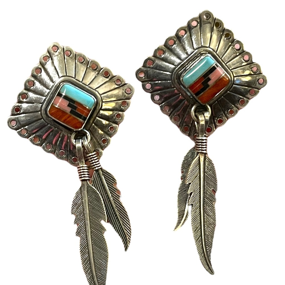 Vintage QT Sterling Inlaid Turquoise Multi Gemstone Earrings Southwestern